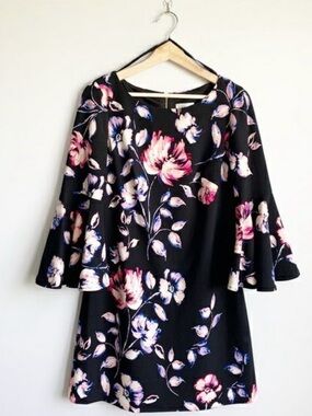 Eliza J Black Floral Dress with Tulip Sleeves